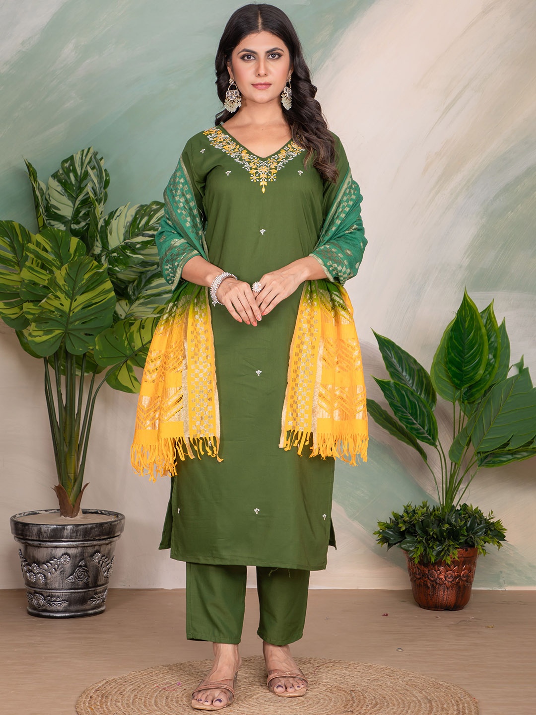 

Sitanjali Floral Embroidered V-Neck Sequinned Straight Kurta With Trousers & Dupatta, Green