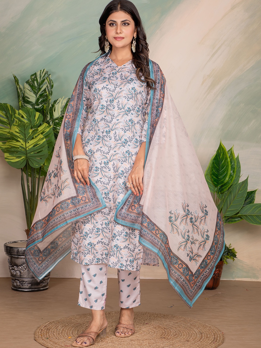 

Sitanjali Floral Printed V-Neck Straight Kurta with Trouser And Dupatta, Cream