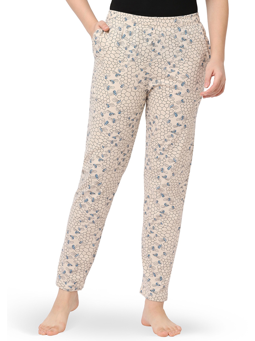 

LAASA SPORTS Women Printed Cotton Lounge Pants, Cream