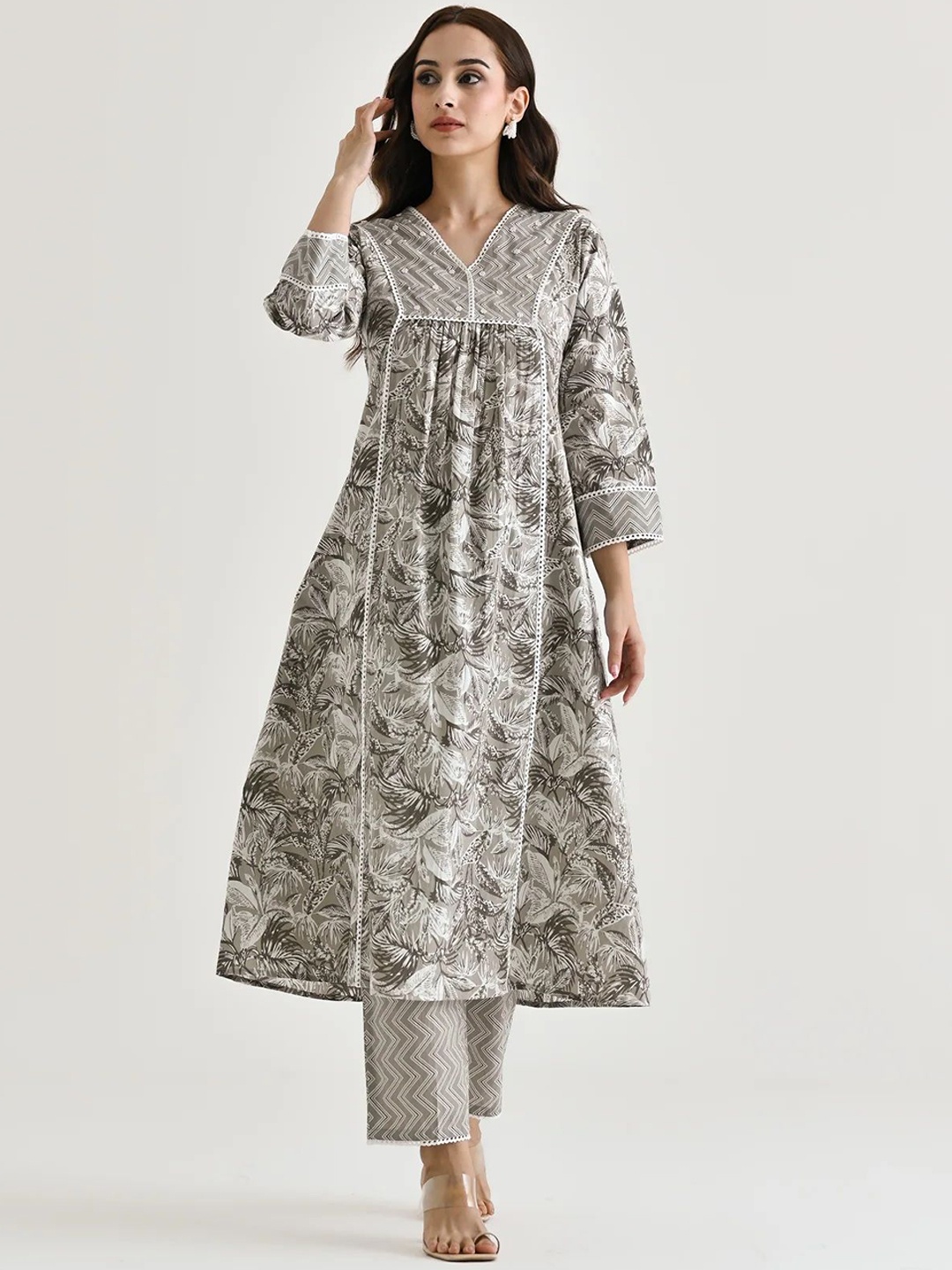 

Sanwariya Silk Floral Printed V Neck Stones And Beads Work A Line Kurta With Trousers, Grey