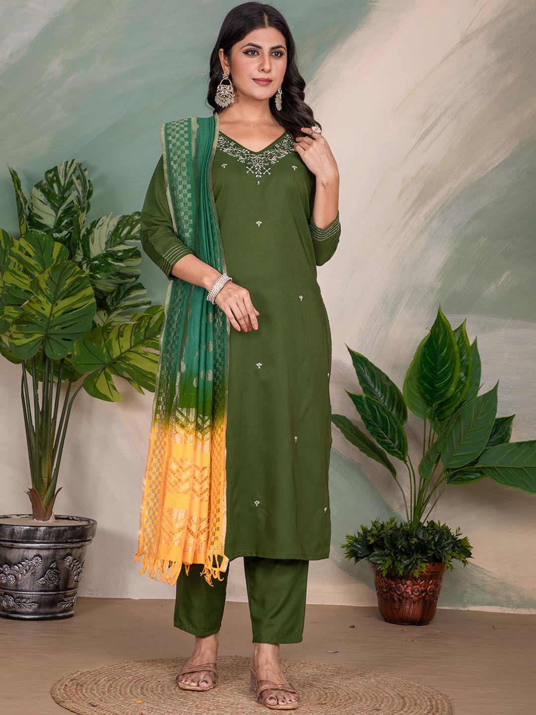 

Sanwariya Silk Floral Embroidered V Neck Straight Kurta with Trousers & Dupatta, Green