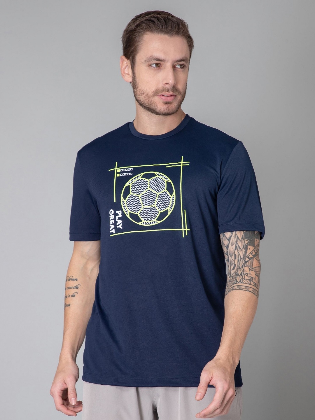 

TURNFIT Men Printed Moisture Wicking Pockets T-shirt, Navy blue
