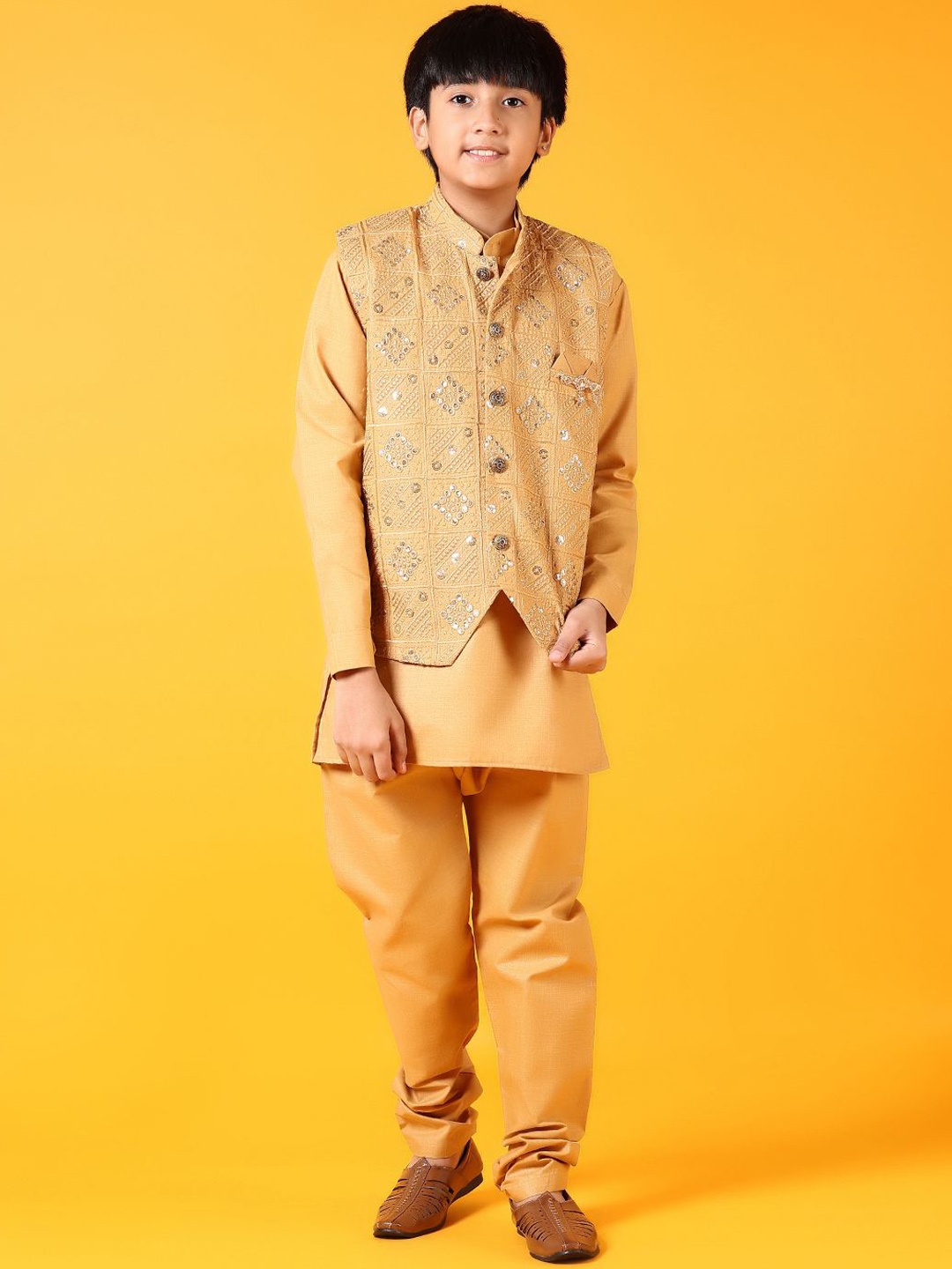 

V-Mart Boys Self Design Embroidered Mandarin Collar Kurta with Trouser And Waistcoat, Brown