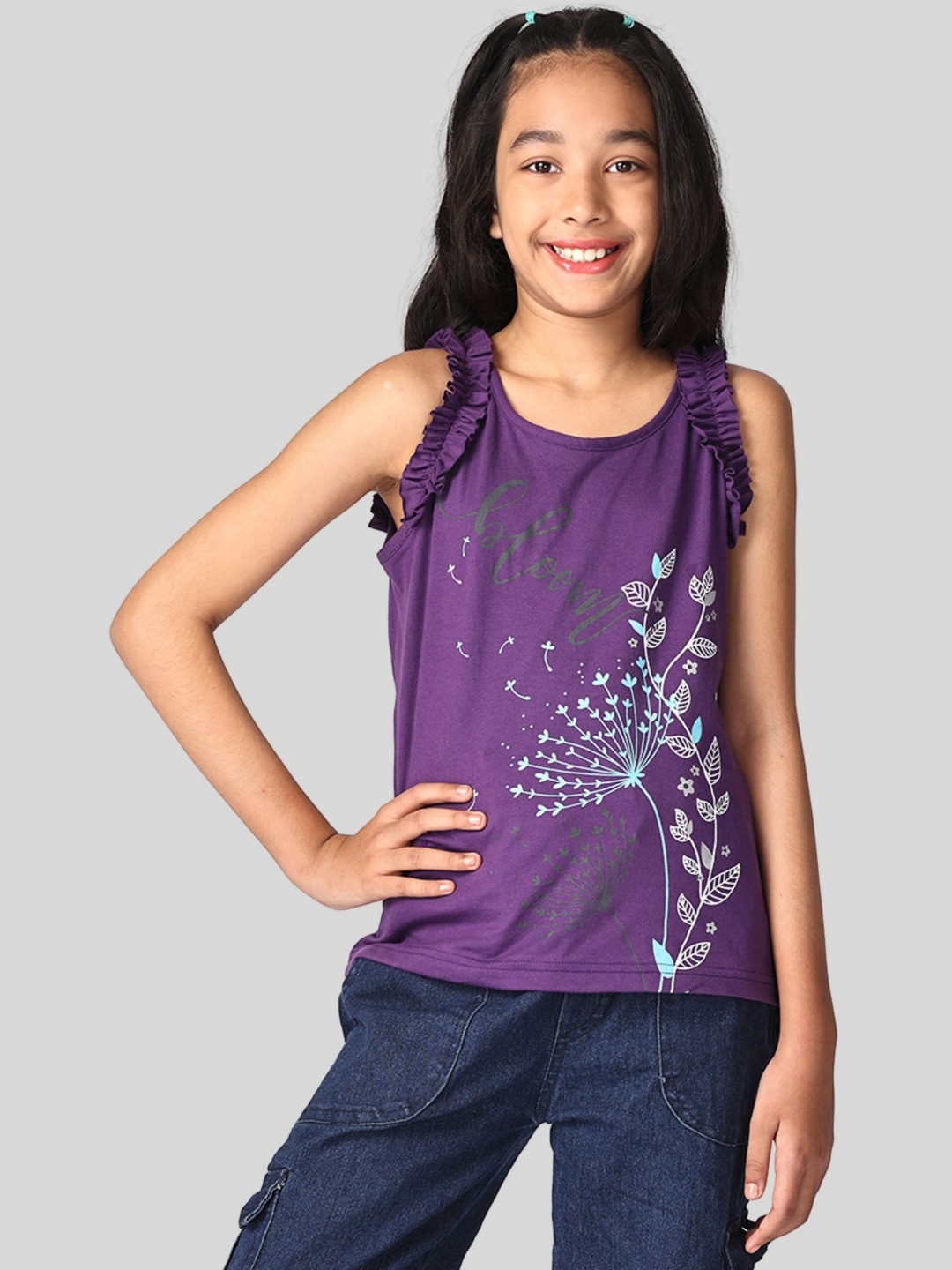 

TotzTouch Girls Floral Printed Round Neck Cotton Casual T-shirt, Purple