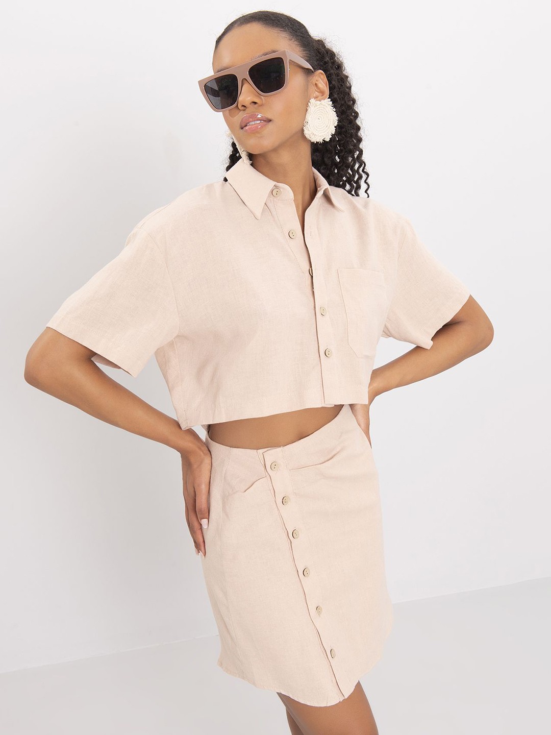 

Fashion Gaiia Shirt Collar Pure Cotton Shirt With Skirt, Beige