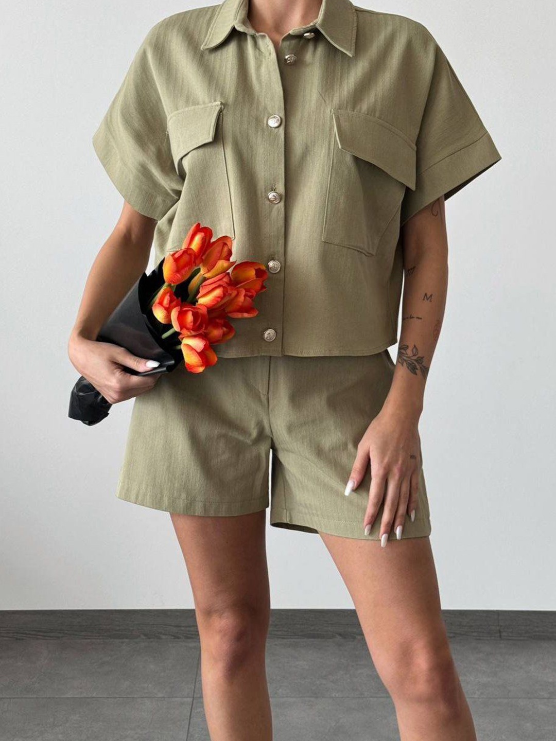 

Fashion Gaiia Shirt Collar Pure Cotton Shirt With Shorts, Green