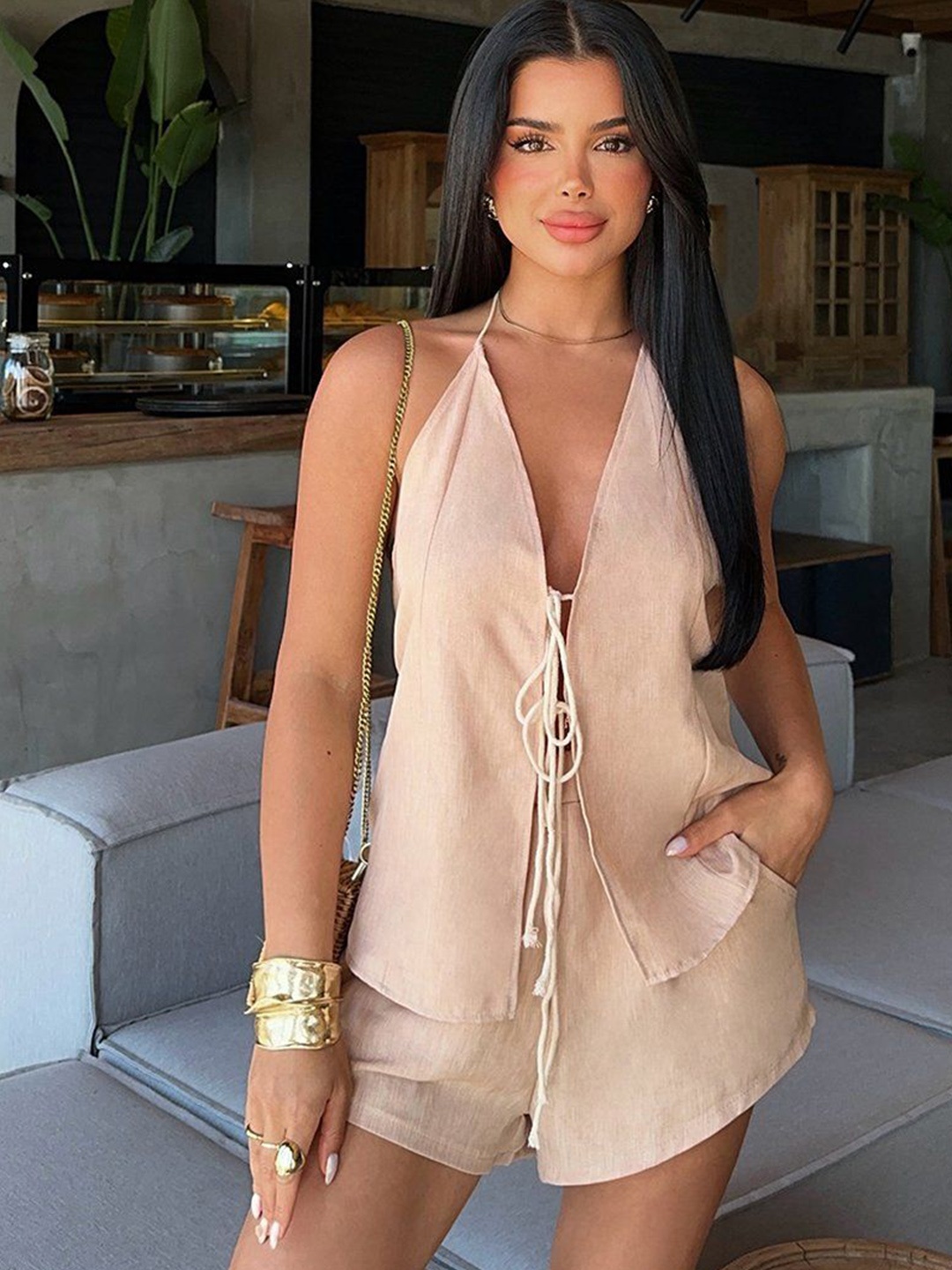 

Fashion Gaiia Halter Neck Linen Top With Shorts, Beige
