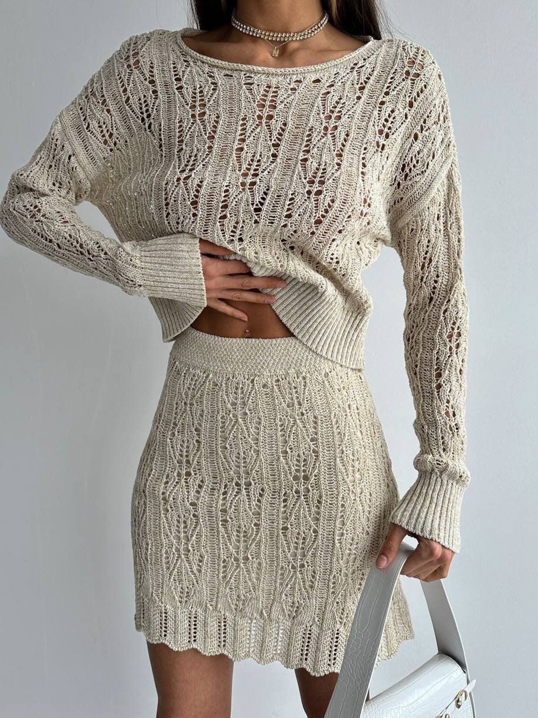 

Fashion Gaiia Crochet Boat Neck Pure Cotton Top With Skirt, Beige