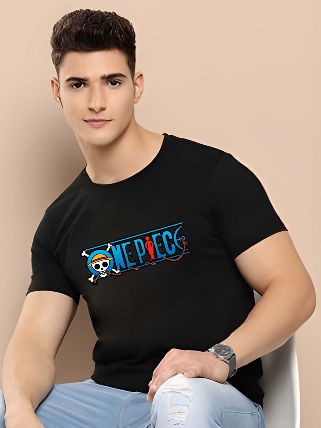 

KAIDO Men Graphic Printed Round Neck Cotton T-shirt, Black