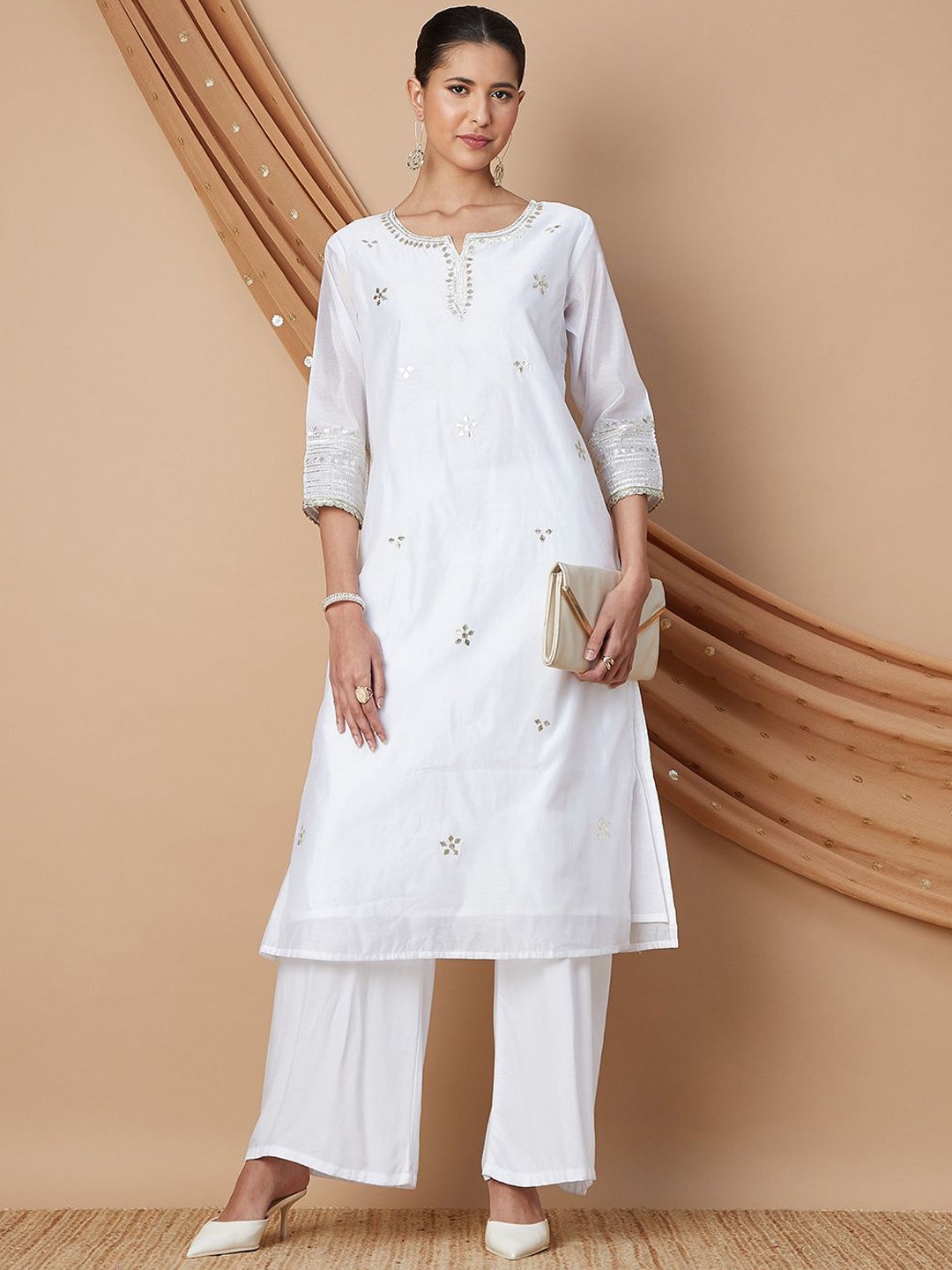 

Melange by Lifestyle Notch Neck Floral Gotta Patti Straight Kurta, White