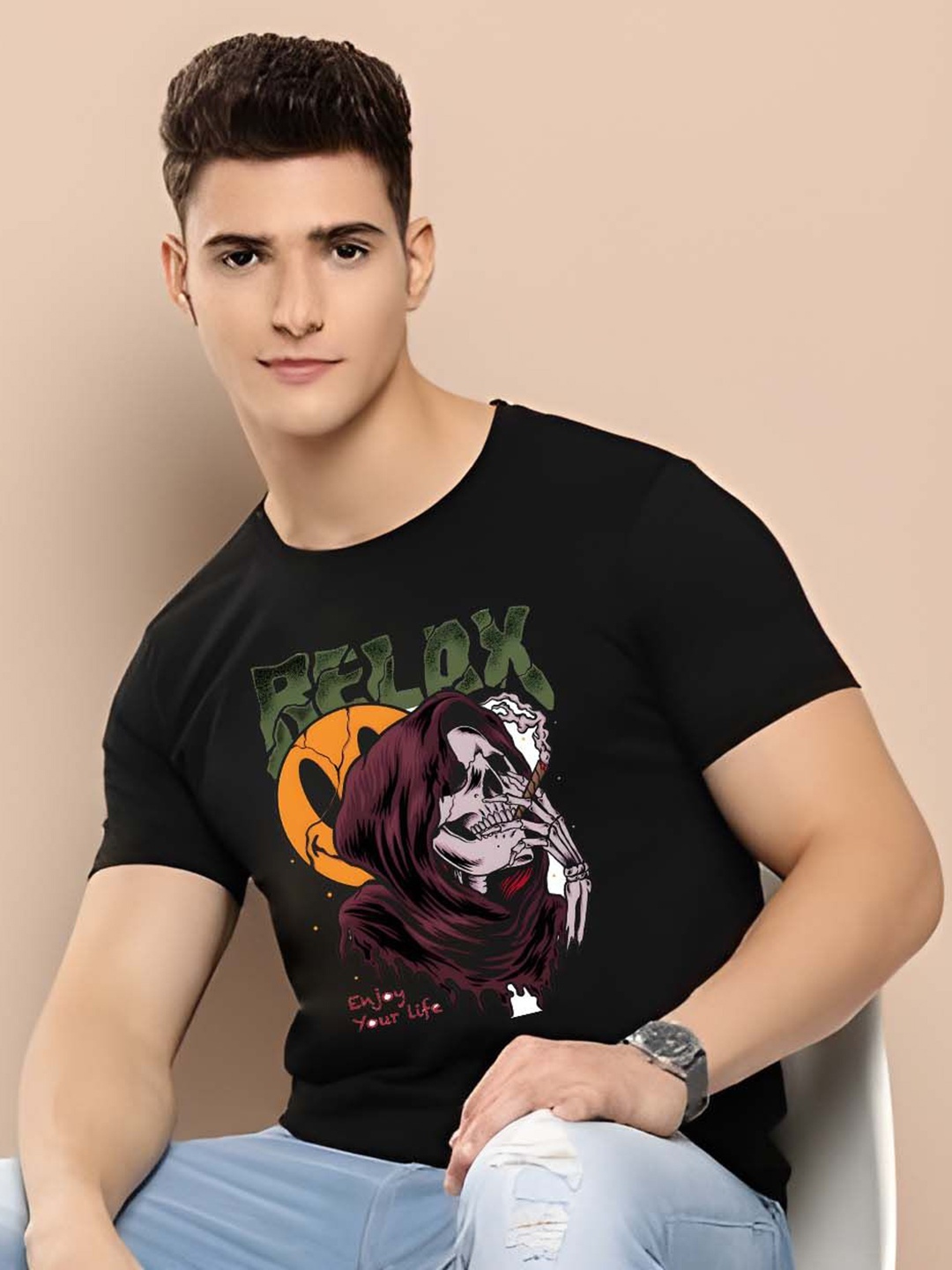 

KAIDO Men Graphic Printed Round Neck Cotton T-shirt, Black