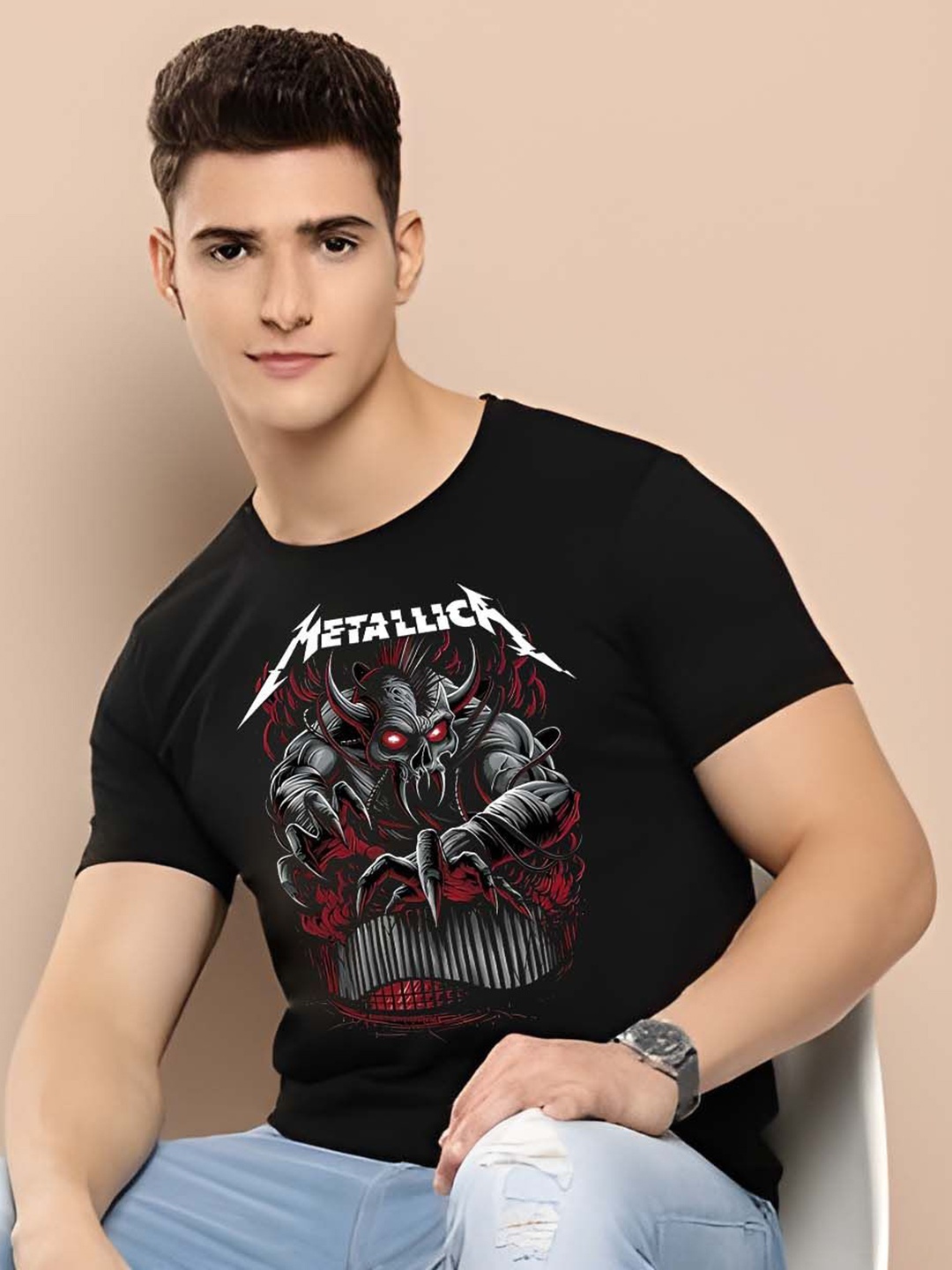 

KAIDO Men Graphic Printed Round Neck Cotton T-shirt, Black