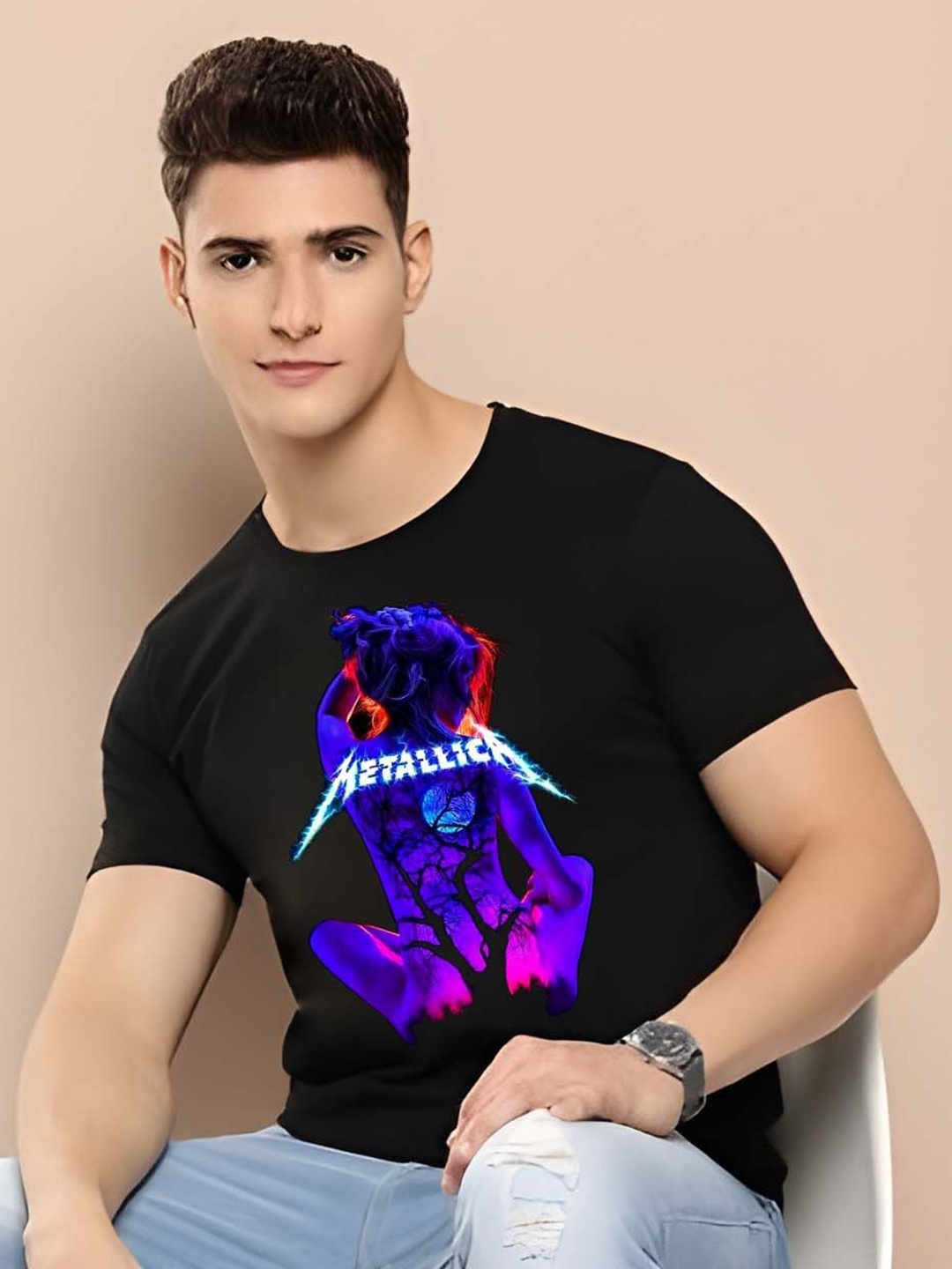 

KAIDO Men Graphic Printed Round Neck Cotton T-shirt, Black