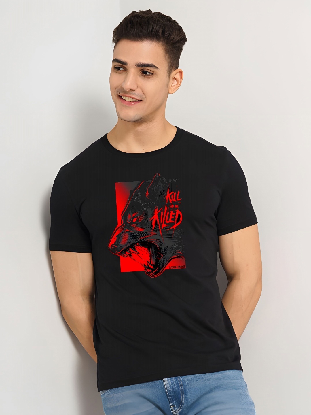 

KAIDO Men Graphic Printed Round Neck Cotton T-shirt, Black