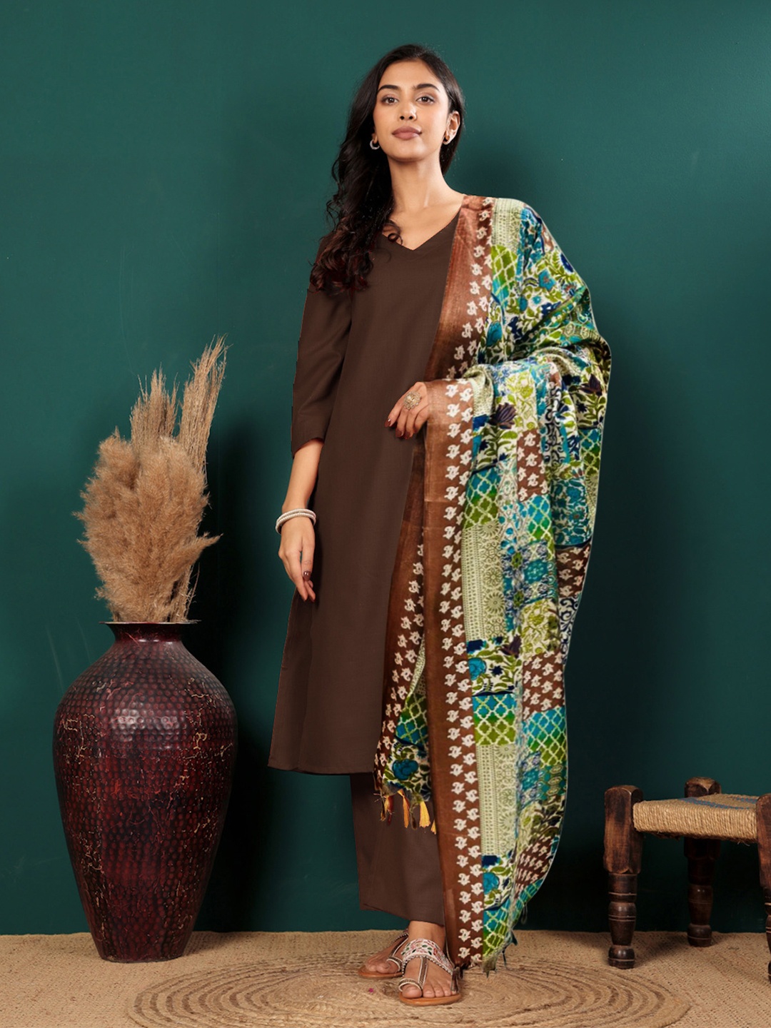 

Varanga V-Neck Straight Kurta with Trousers And Dupatta, Brown