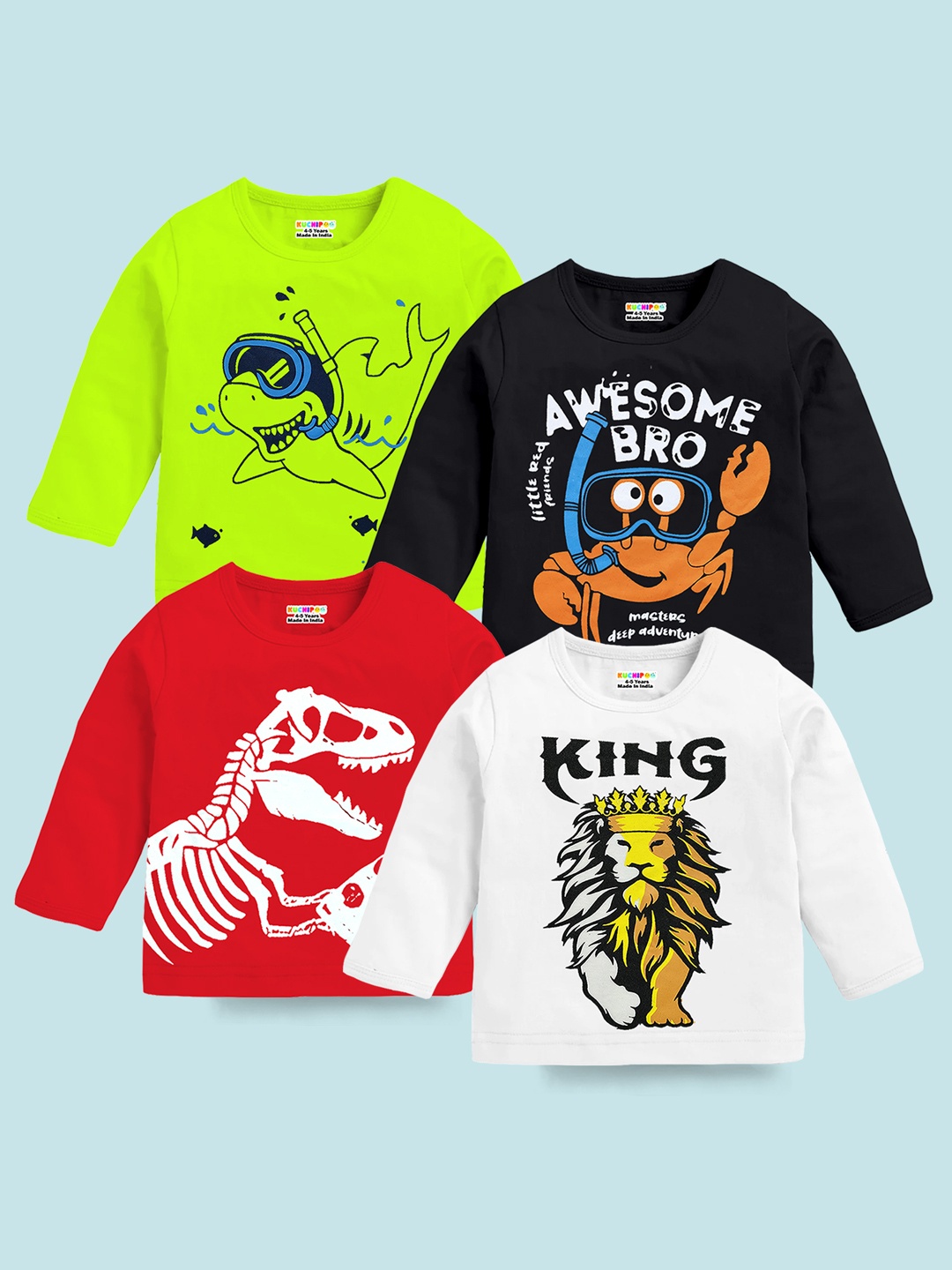 

KUCHIPOO Boys Pack Of 4 Typography Printed Round Neck Cotton T-shirts, Green
