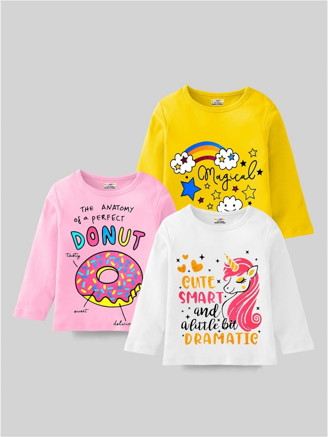 

KUCHIPOO Girls Pack Of 3 Typography Printed Round Neck Cotton T-shirts, Pink