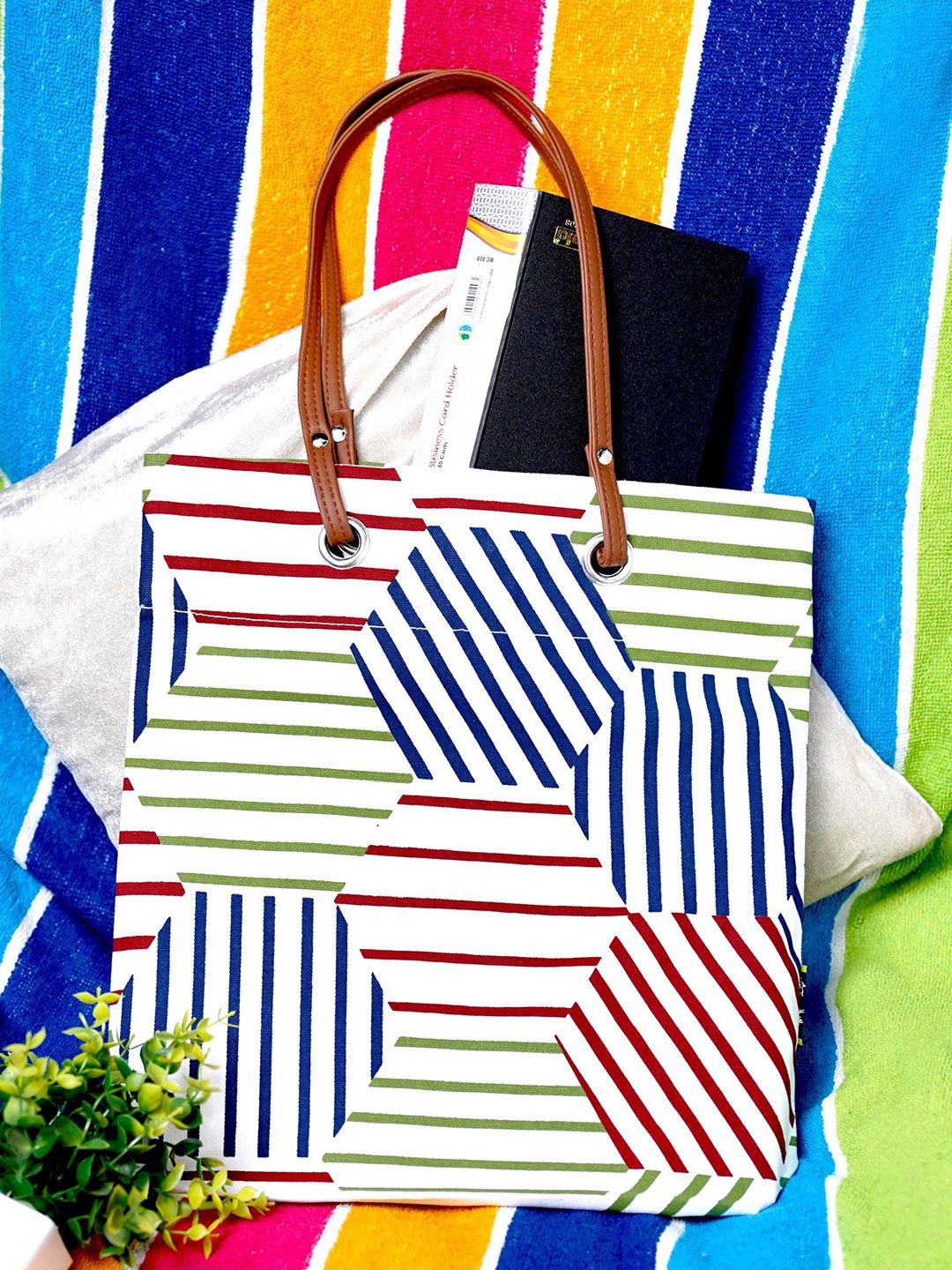 

Kanvas Katha Striped Shopper Tote Bag, White
