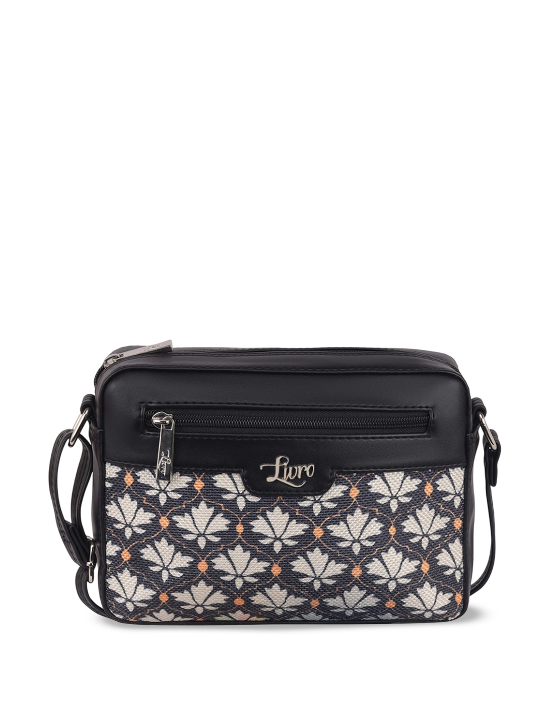 

LIVRO Floral Printed PU Structured Sling Bag, Black