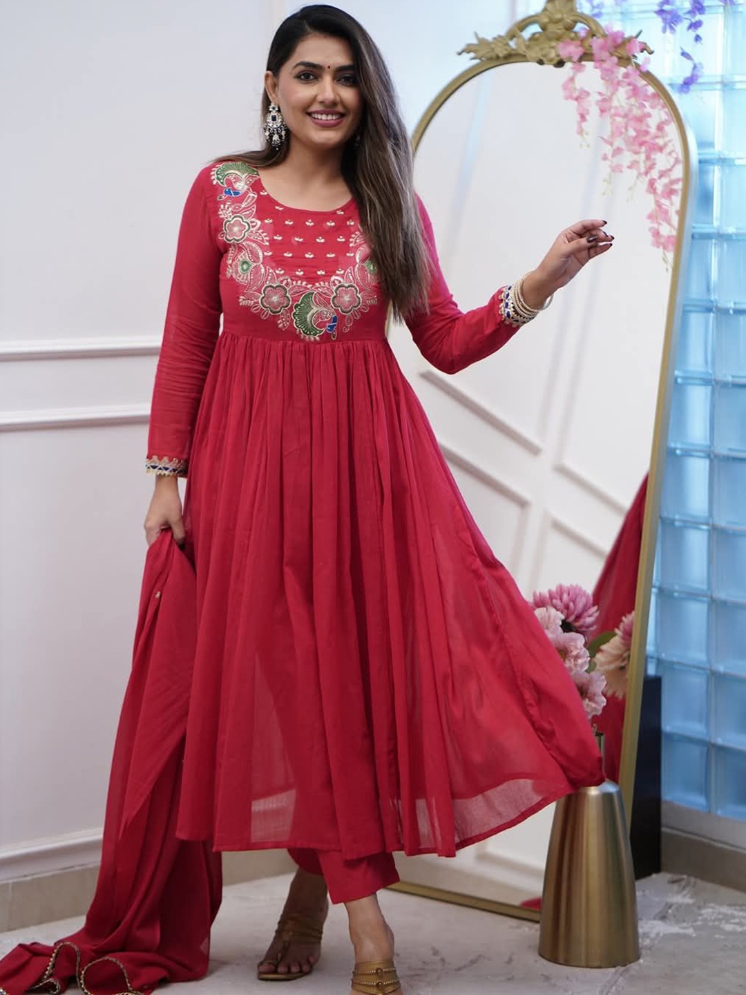 

KALINI Floral Embroidered Thread Work Pleated Anarkali Kurta With Trouser & Dupatta, Red