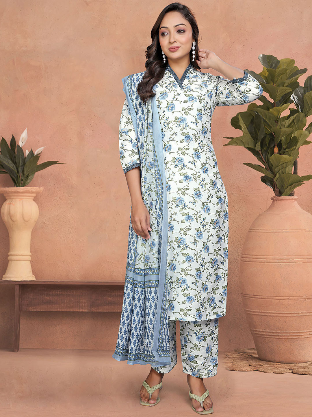 

KALINI Floral Printed Pure Cotton V-Neck Straight Kurta With Trousers And Dupatta, Blue