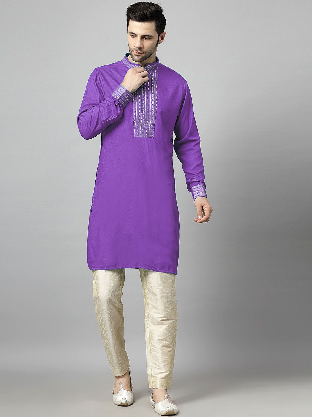 

Utsav Fashion Yoke Design Sequinned Mandarin Collar Kurta With Trouser, Purple