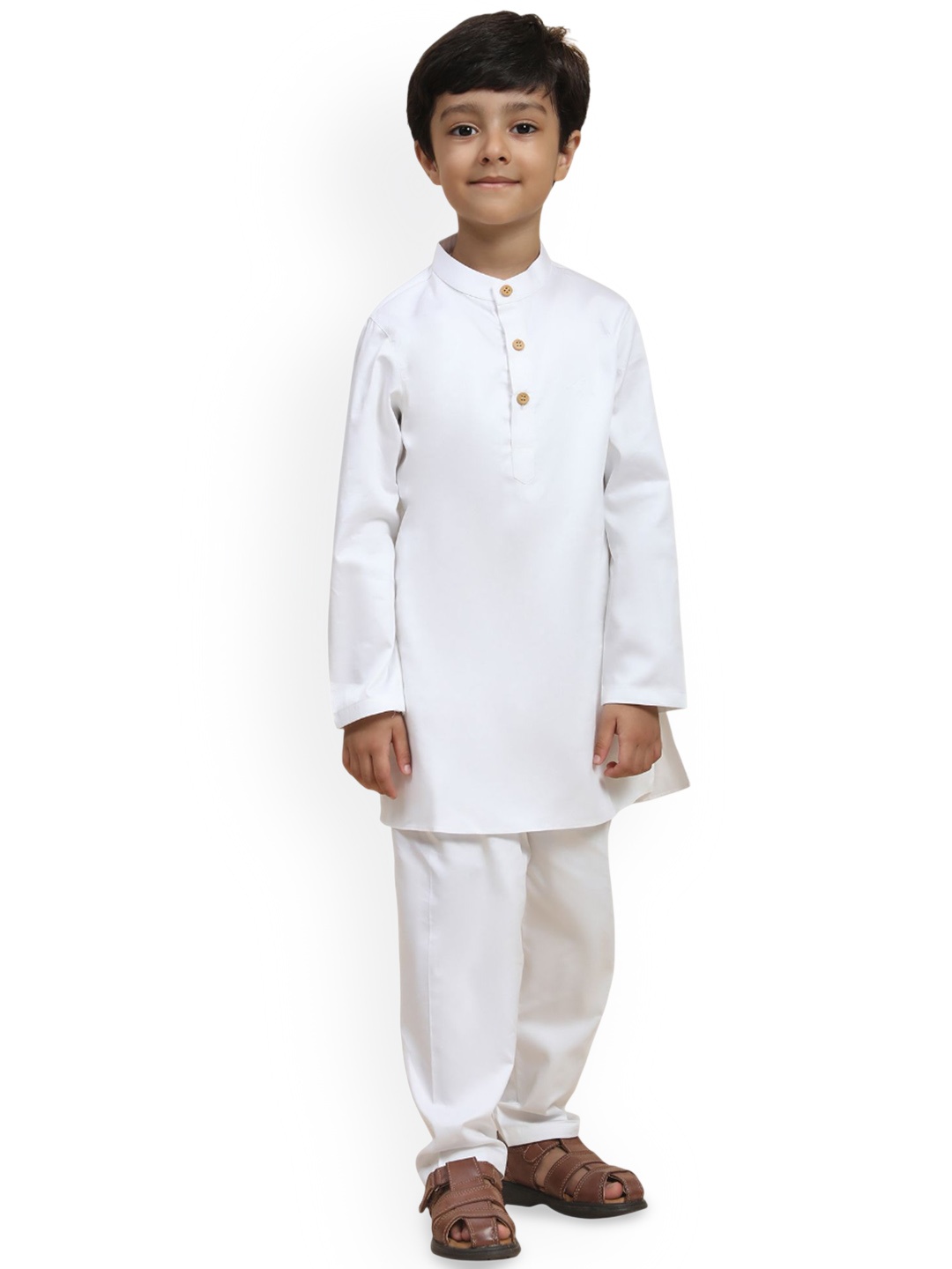 

Funny Bones Clothings Boys Band Collar Linen Straight Kurta With Pyjamas, White