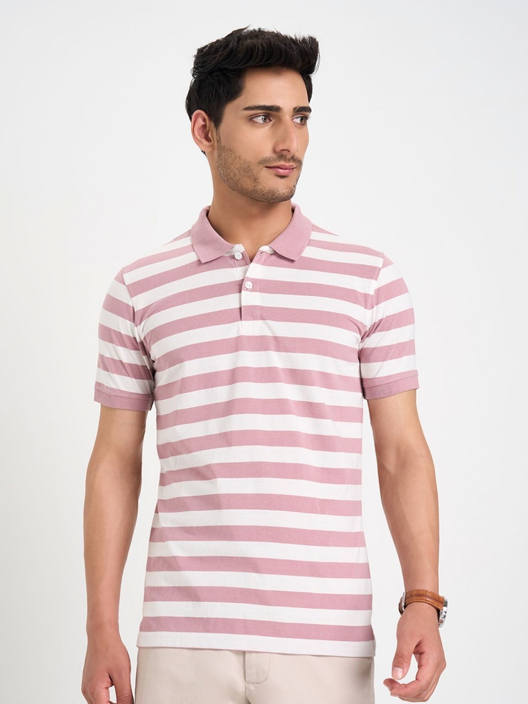 

Peregrine by Pantaloons Men Striped Polo Collar Cotton Slim Fit T-shirt, Pink