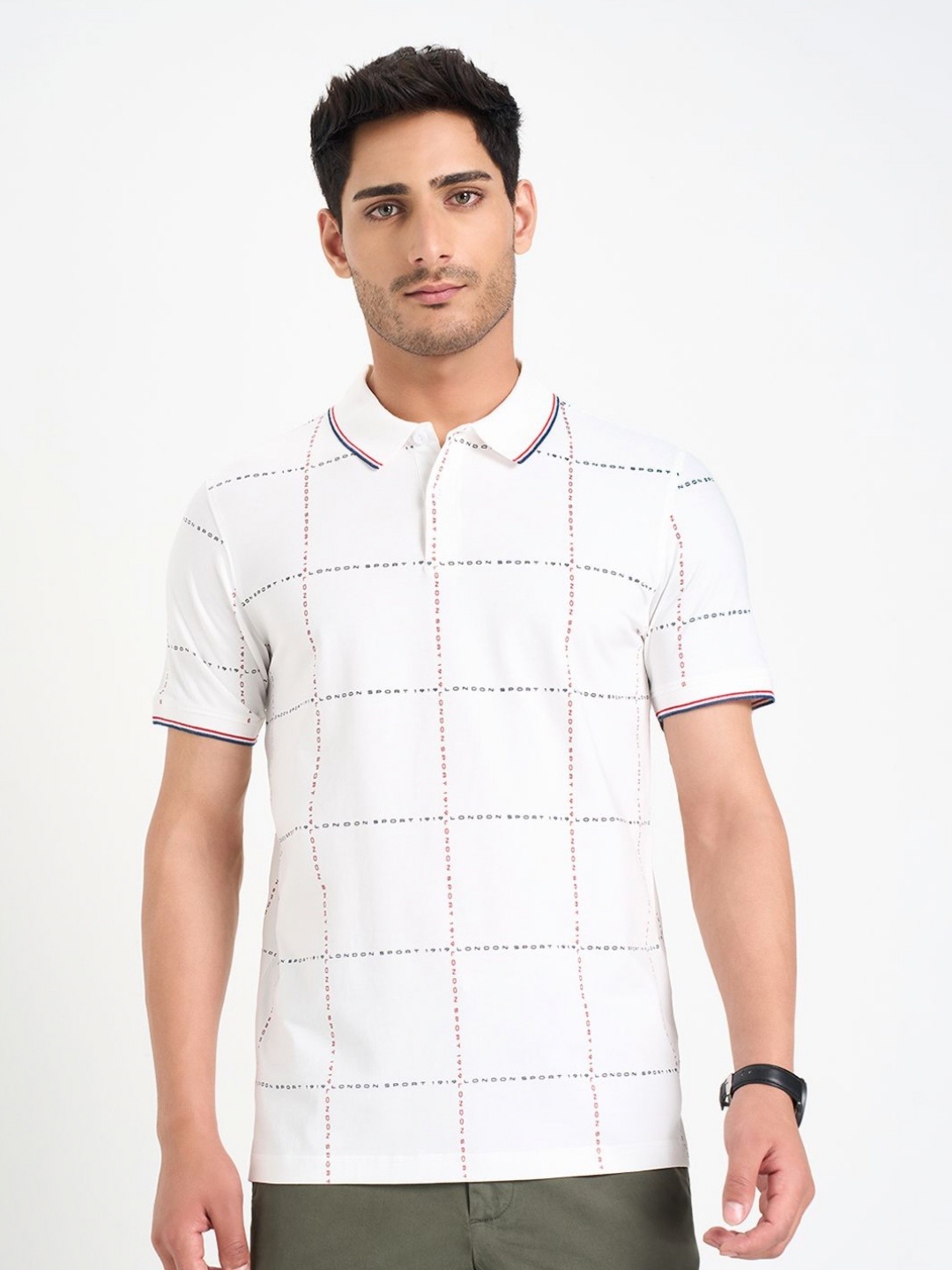 

Peregrine by Pantaloons Men Checked Polo Collar Cotton Slim Fit T-shirt, White