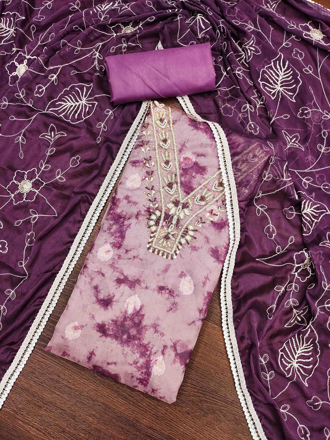 

KIMISHA Abstract Dyed Beaded Work Organza Unstitched Dress Material, Purple