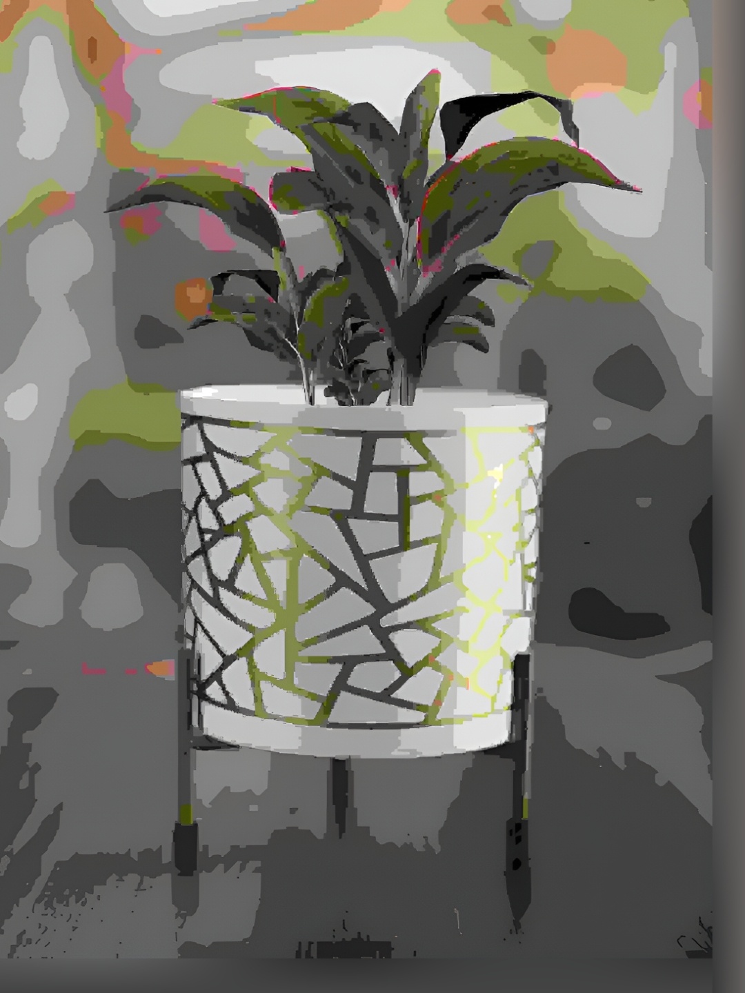 

Homspurts White & Gold-Toned Printed Metal Planter With Stand