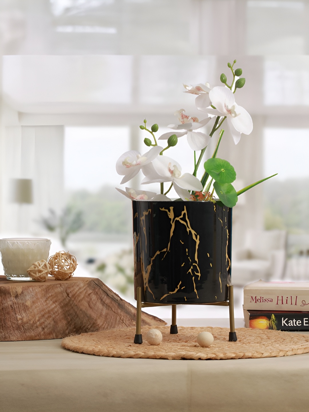 

Homspurts Black Printed Metal Planter With Stand