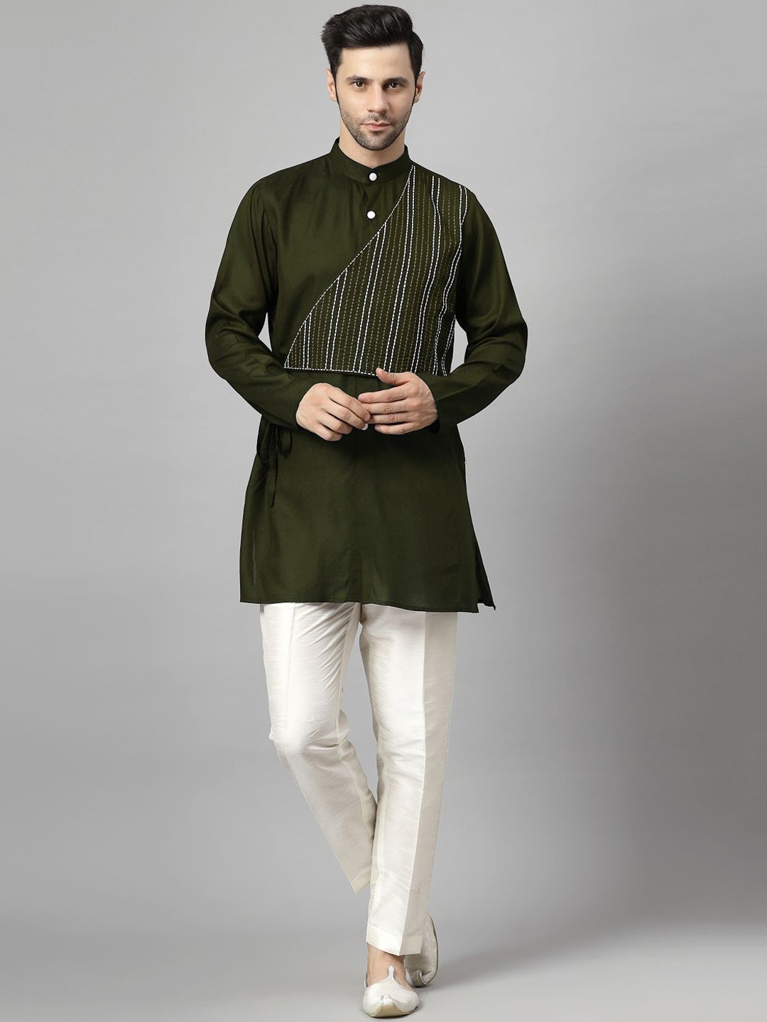 

Utsav Fashion Striped Embroidered Band Collar Straight Short Kurta with Trousers, Green