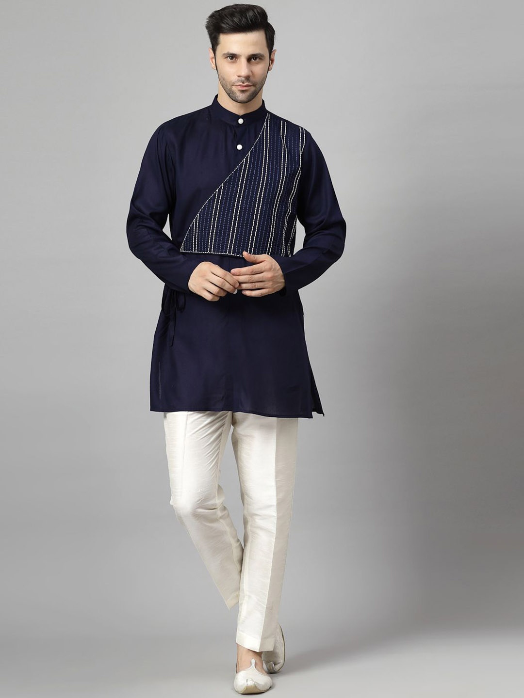 

Utsav Fashion Striped Embroidered Band Collar Straight Short Kurta with Trousers, Navy blue