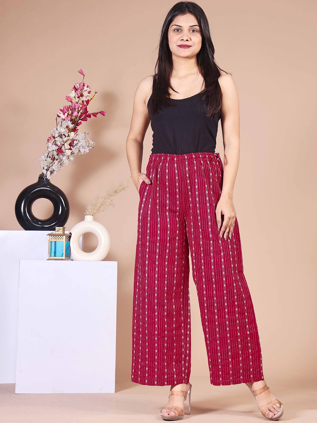 

Wakshi Kurti Women Striped Cotton Trousers, Maroon