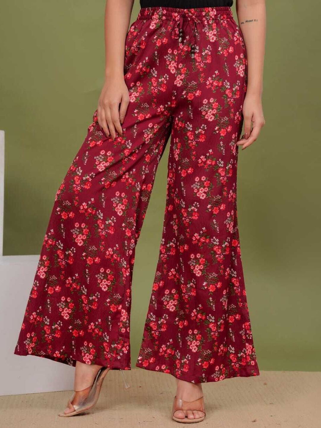 

Wakshi Kurti Women Printed Regular Fit Cotton Wide Leg Trousers, Maroon