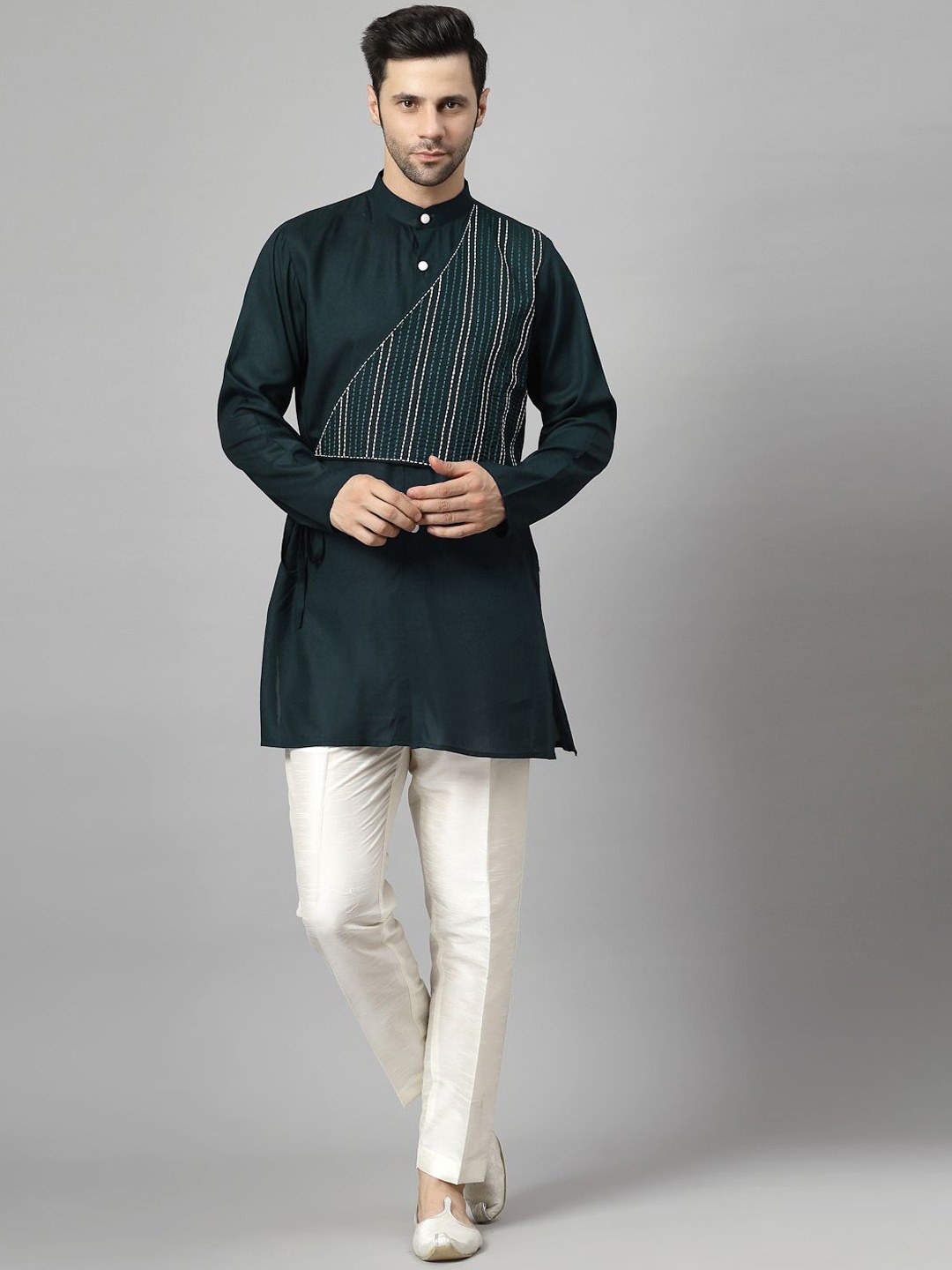 

Utsav Fashion Striped Embroidered Band Collar Straight Short Kurta with Trousers, Teal