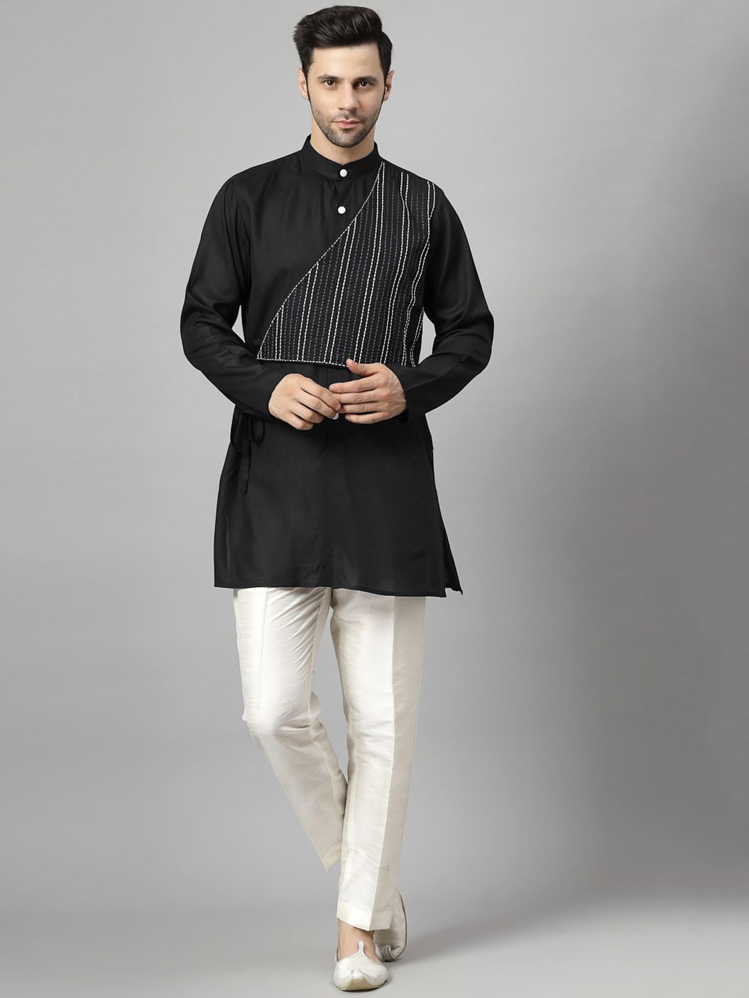 

Utsav Fashion Striped Embroidered Band Collar Straight Short Kurta with Trousers, Black