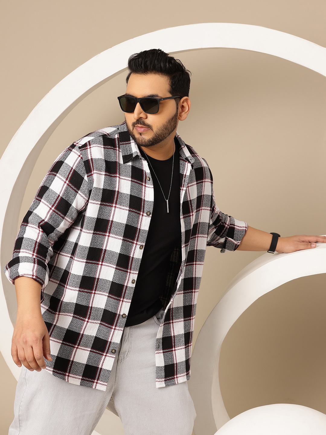 

Sztori Plus Size Premium Checked Pure Cotton Casual Shacket, Black