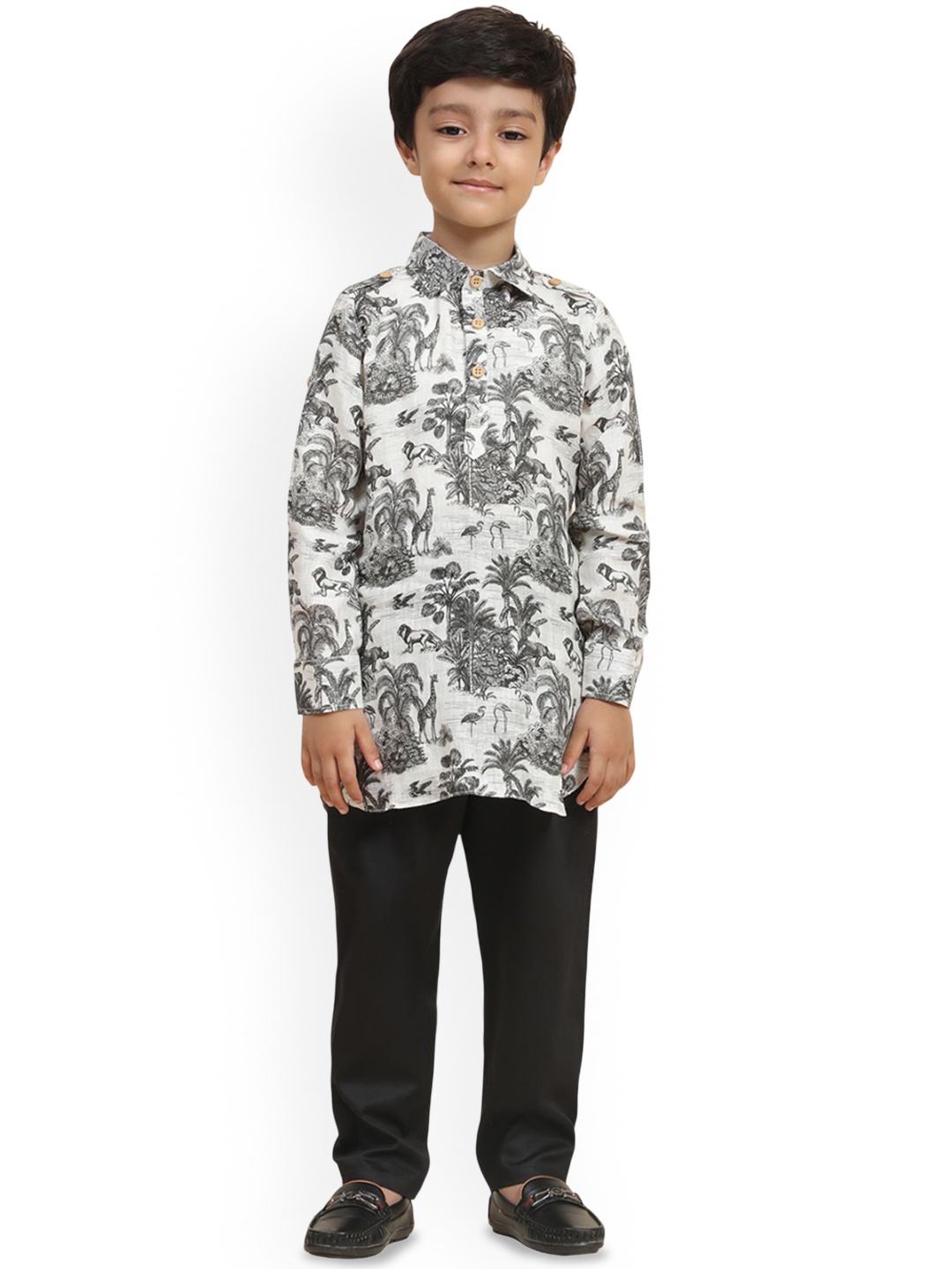 

Funny Bones Clothings Boys Quirky Printed Shirt Collar Linen Straight Kurta With Pyjamas, White