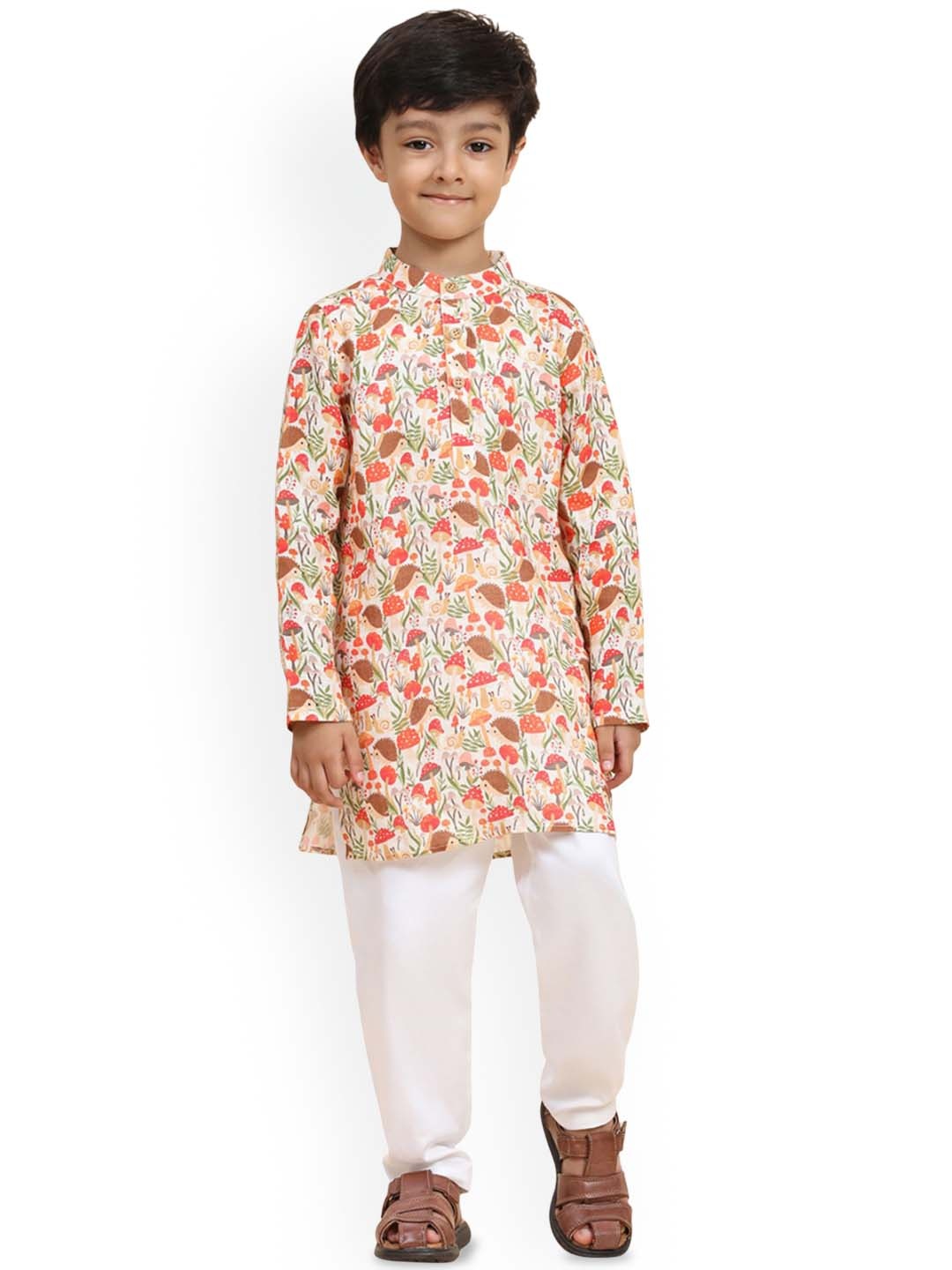 

Funny Bones Clothings Boys Quirky Printed Mandarin Collar Linen Kurta With Pyjamas, White