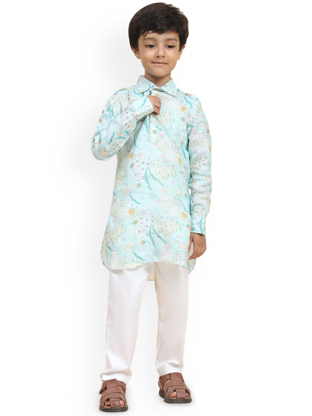 

Funny Bones Clothings Boys Quirky Printed Shirt Collar Linen Straight Kurta With Pyjamas, Blue