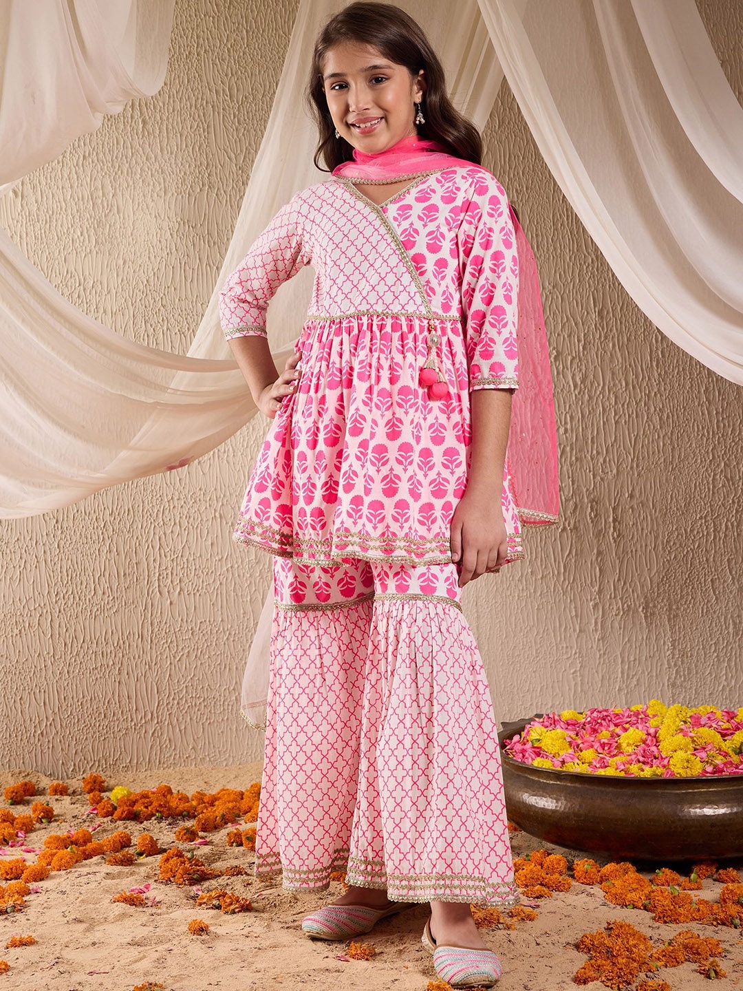 

pspeaches Girls Floral Printed Pleated Pure Cotton Anarkali Kurta With Sharara & Dupatta, Pink