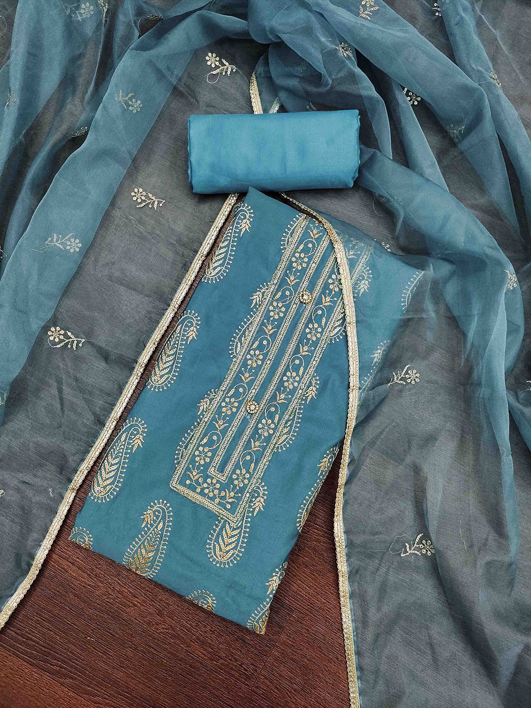 

KIMISHA Paisley Embroidered Sequnnied Unstitched Dress Material, Blue
