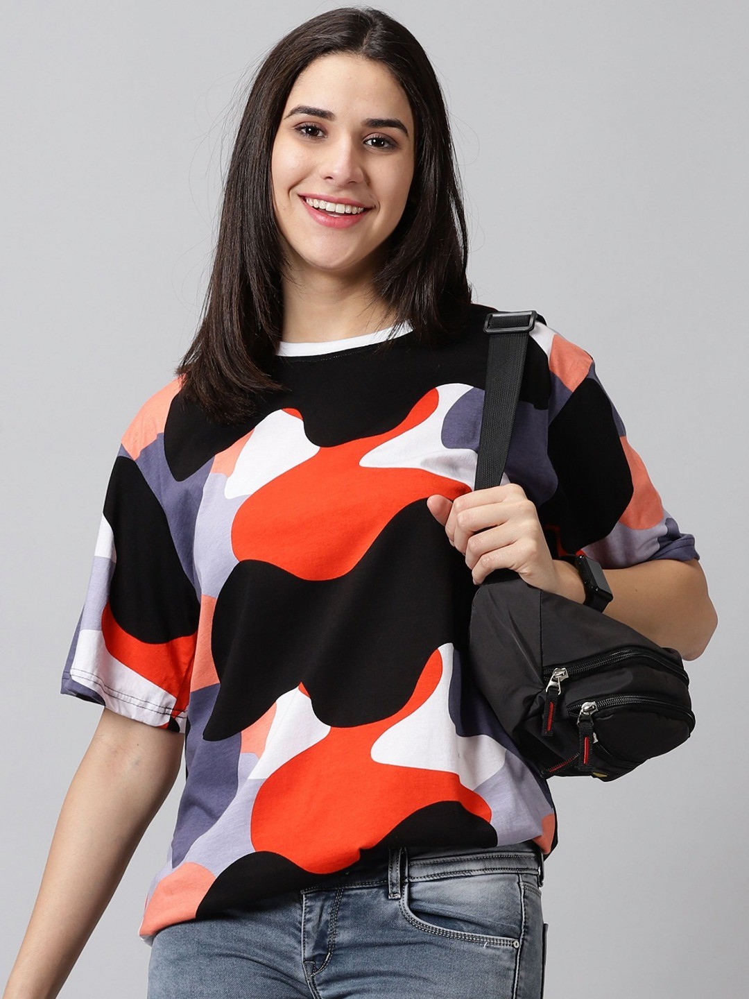

Diversify Women Abstract Printed Round Neck Cotton Oversized T-shirt, Black