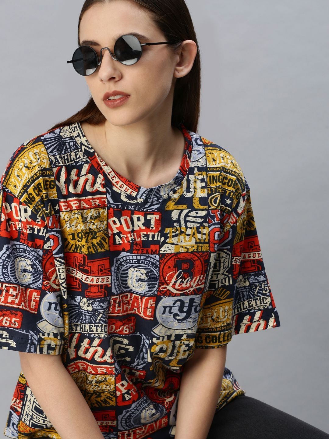 

Diversify Women Typography Printed Round Neck Cotton Oversized T-shirt, Navy blue