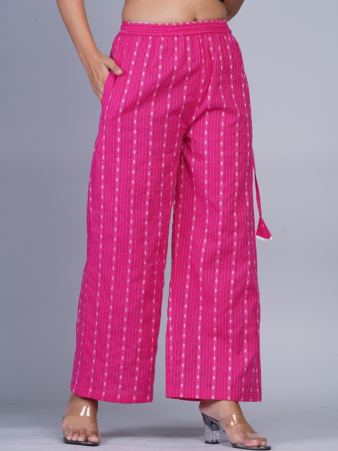 

Wakshi Kurti Women Ethnic Motifs Printed Cotton Pleated Trousers, Pink