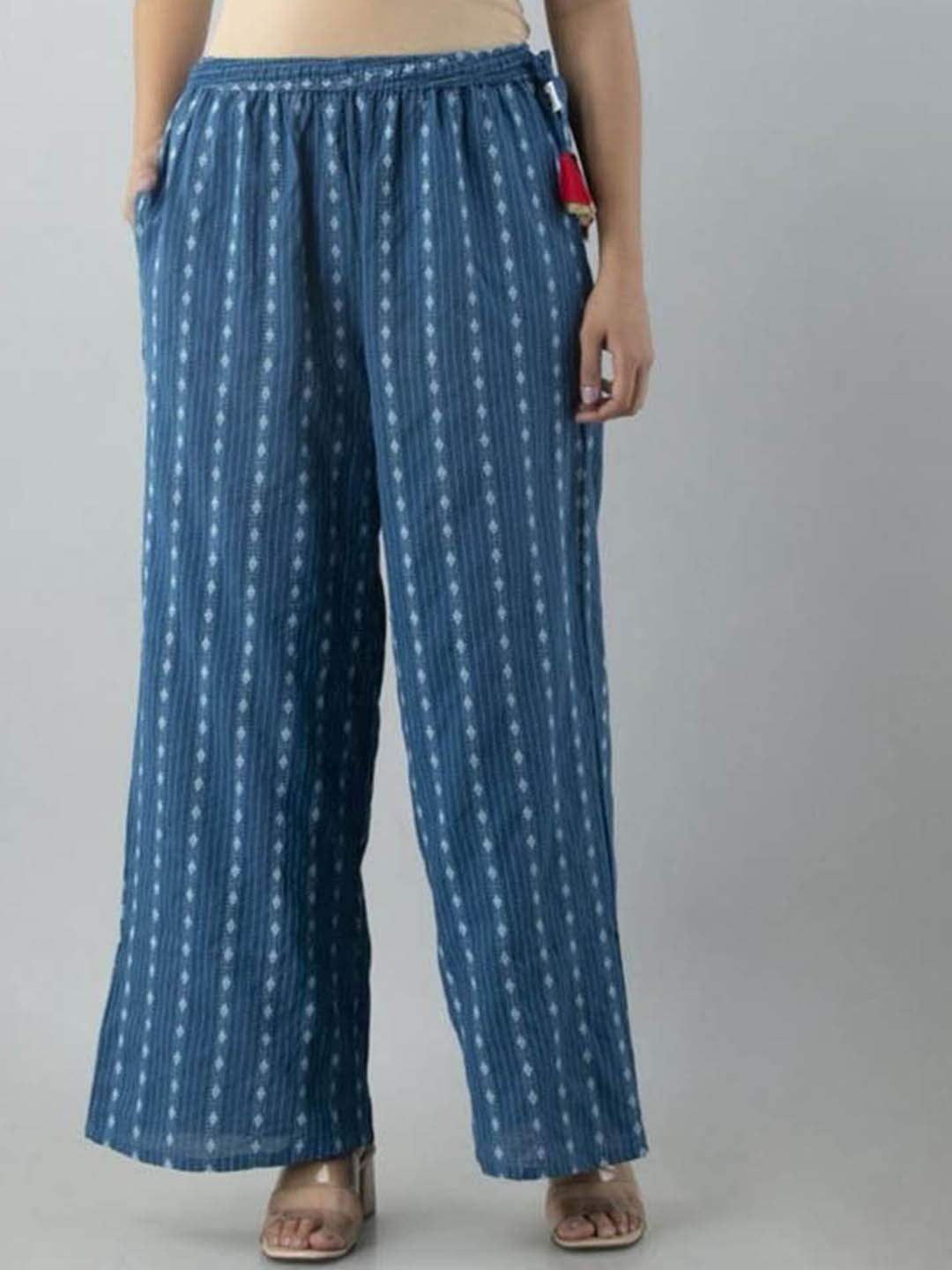 

Wakshi Kurti Women Printed Mid-Rise Regular Fit Cotton Trousers, Navy blue