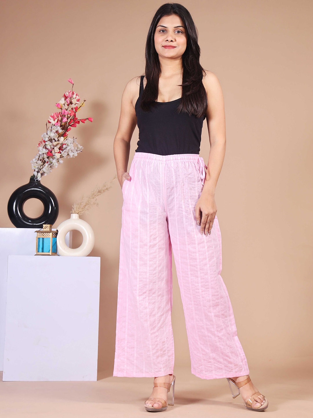 

Wakshi Kurti Women Striped Mid-Rise Cotton Wide Leg Trousers, Pink