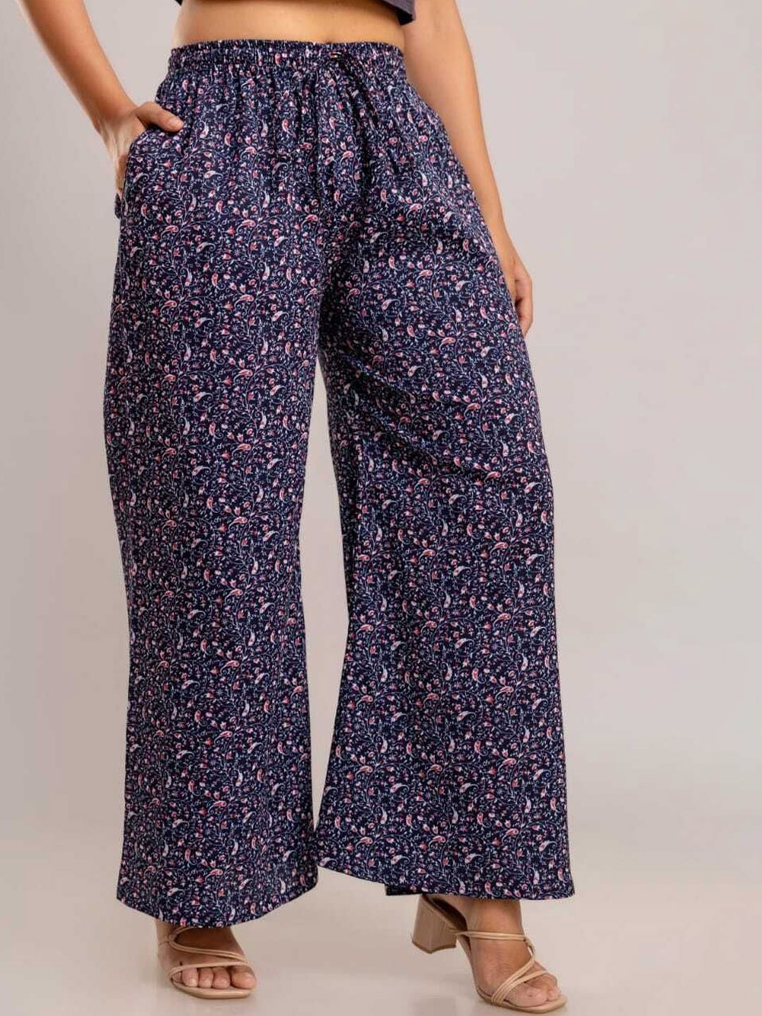 

Wakshi Kurti Women Printed Cotton Relaxed Fit Wide Leg Trouser, Blue